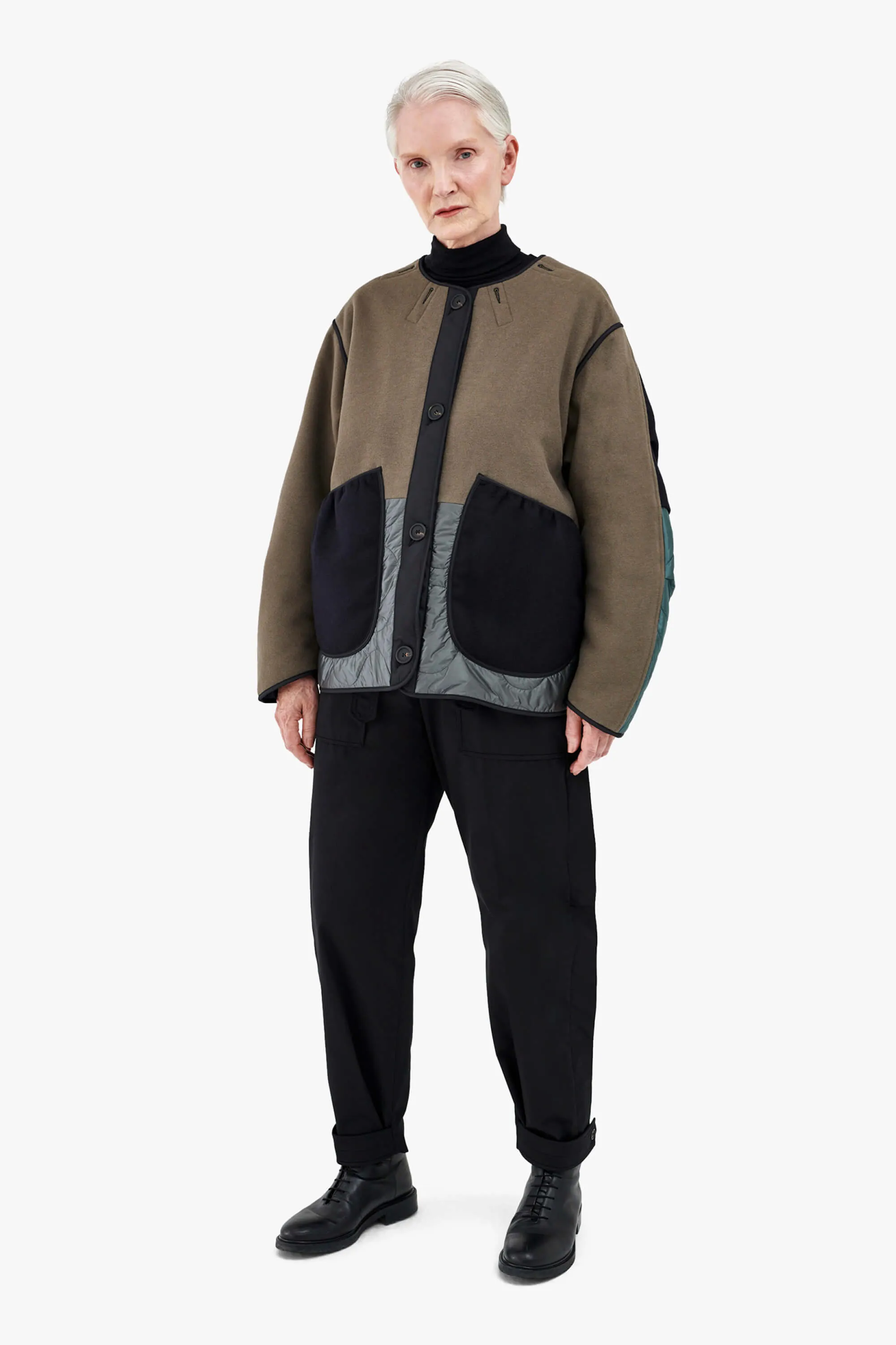 Wool Patchwork Cropped Quilt Jacket - Dark Olive & Anthracite / Midnight