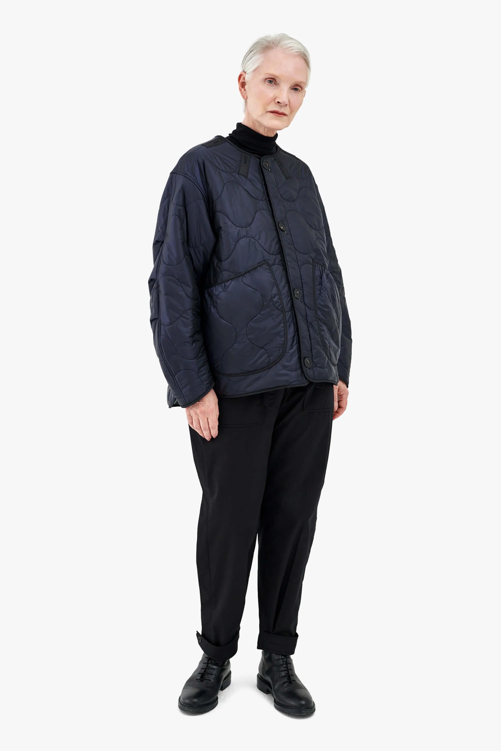 Wool Patchwork Cropped Quilt Jacket - Dark Olive & Anthracite / Midnight