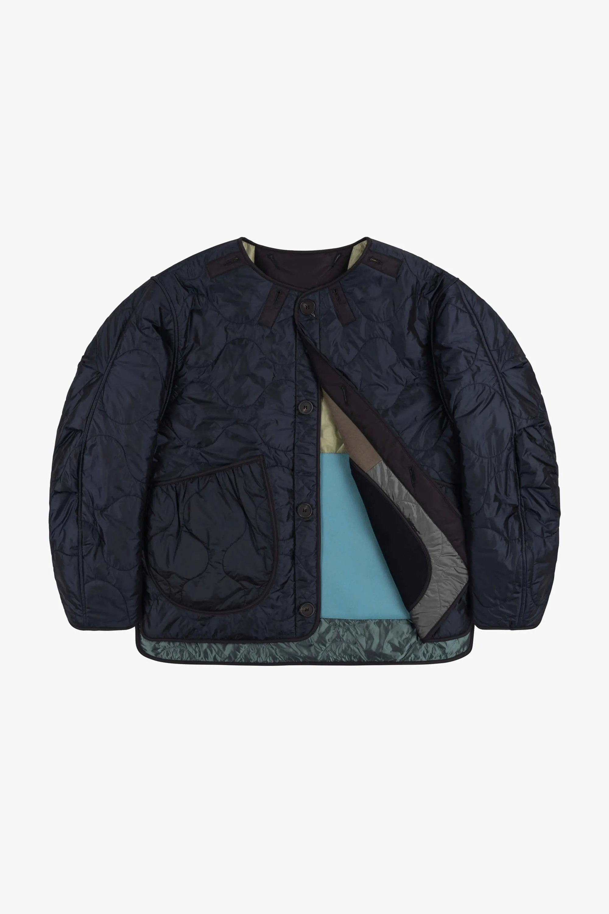 Wool Patchwork Cropped Quilt Jacket - Dark Olive & Anthracite / Midnight