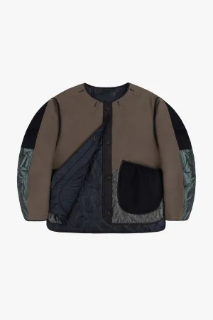 Wool Patchwork Cropped Quilt Jacket - Dark Olive & Anthracite / Midnight