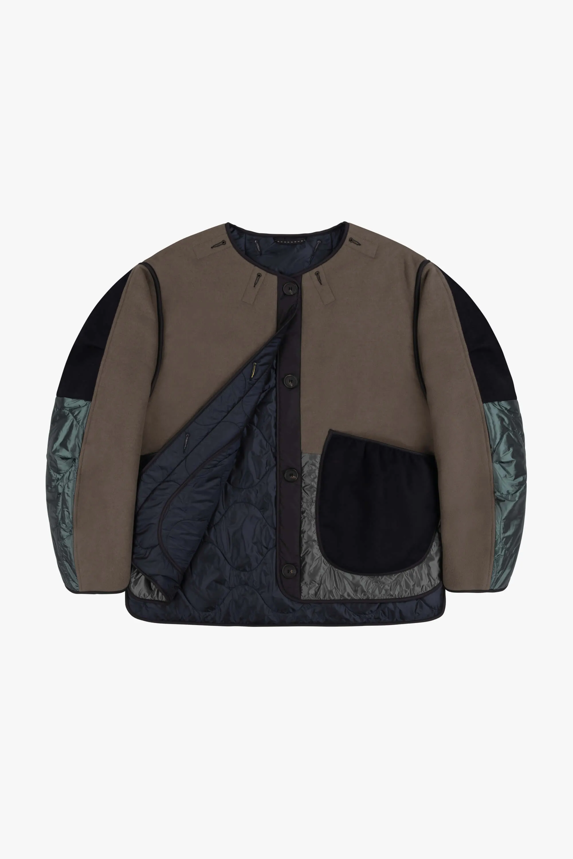Wool Patchwork Cropped Quilt Jacket - Dark Olive & Anthracite / Midnight