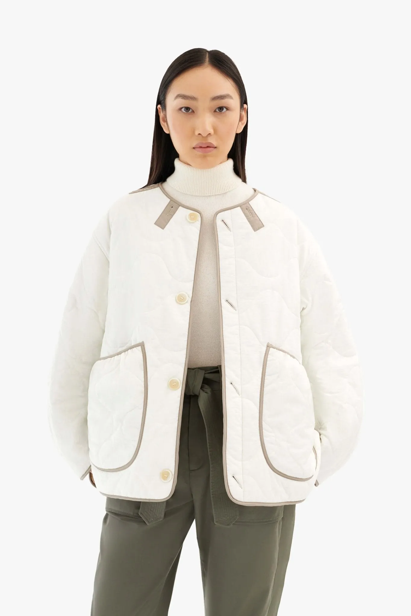 Wool Patchwork Cropped Quilt Jacket - Taupe / White