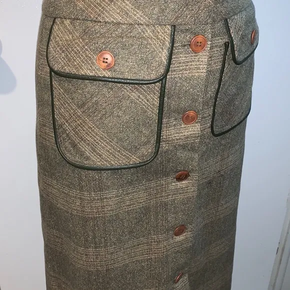Wool Plaid Skirt Green Brown academia preppy Sz S