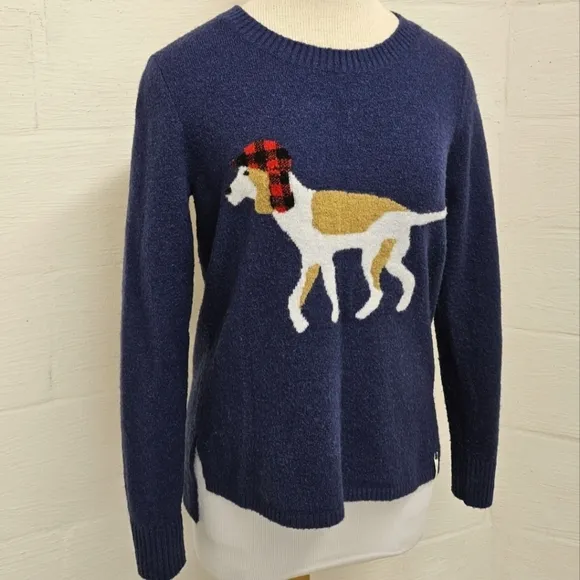Woolrich Crewneck Hunting Dog Sweater in Blue and White Wool Blend Size Small