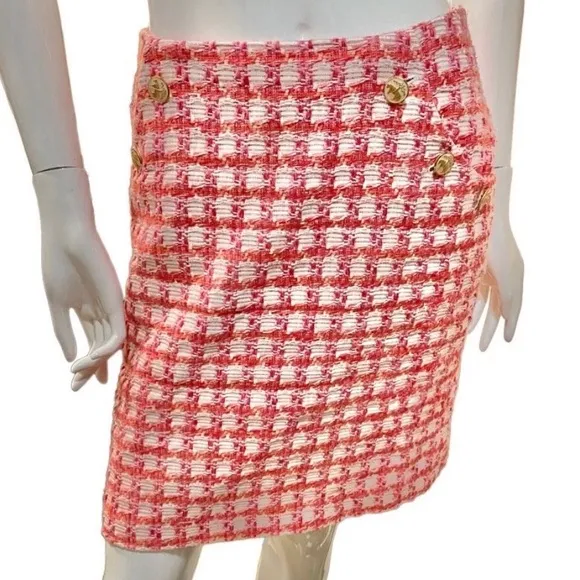 Y2K Brooks Brothers Tweed Boucle Plaid A-line Mini pink Orange White Skirt M