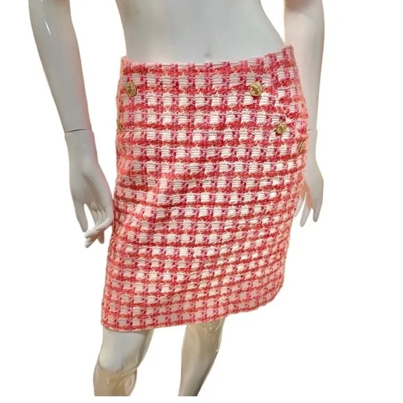 Y2K Brooks Brothers Tweed Boucle Plaid A-line Mini pink Orange White Skirt M